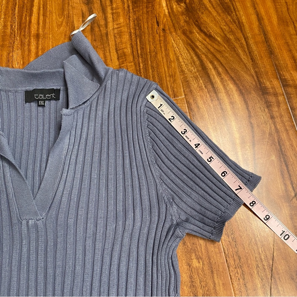 Talent Blue Gray Collared Ribbed V Neck Short Sleeve Soft Stretch Shirt Size 1X - Picture 14 of 15